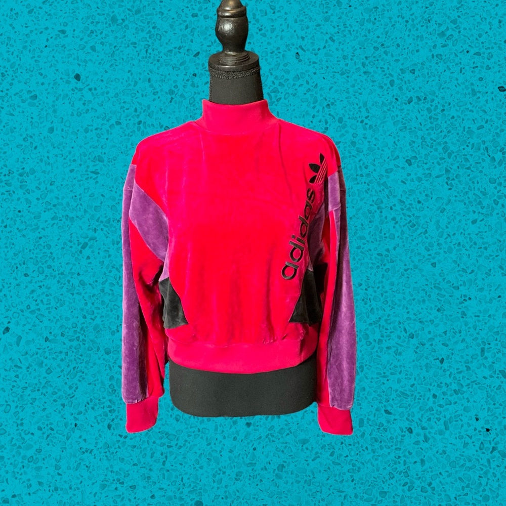 Adidas Women's Retro Velour Colorblock High Neck Long Sleeve Sweatshirt